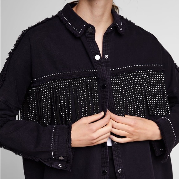 Nwt Zara Bejeweled Fringe Denim Jacket 
